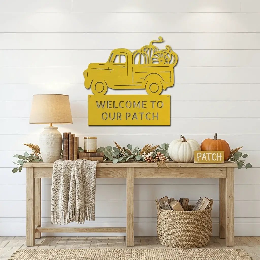 Personalized Vintage Pumpkin Truck Metal Wall Art | Custom Fall Harvest Sign | Farmhouse Autumn Decor | Welcome Pumpkin Patch Sign | Rustic Thanksgiving Wall Decor | Made in USA