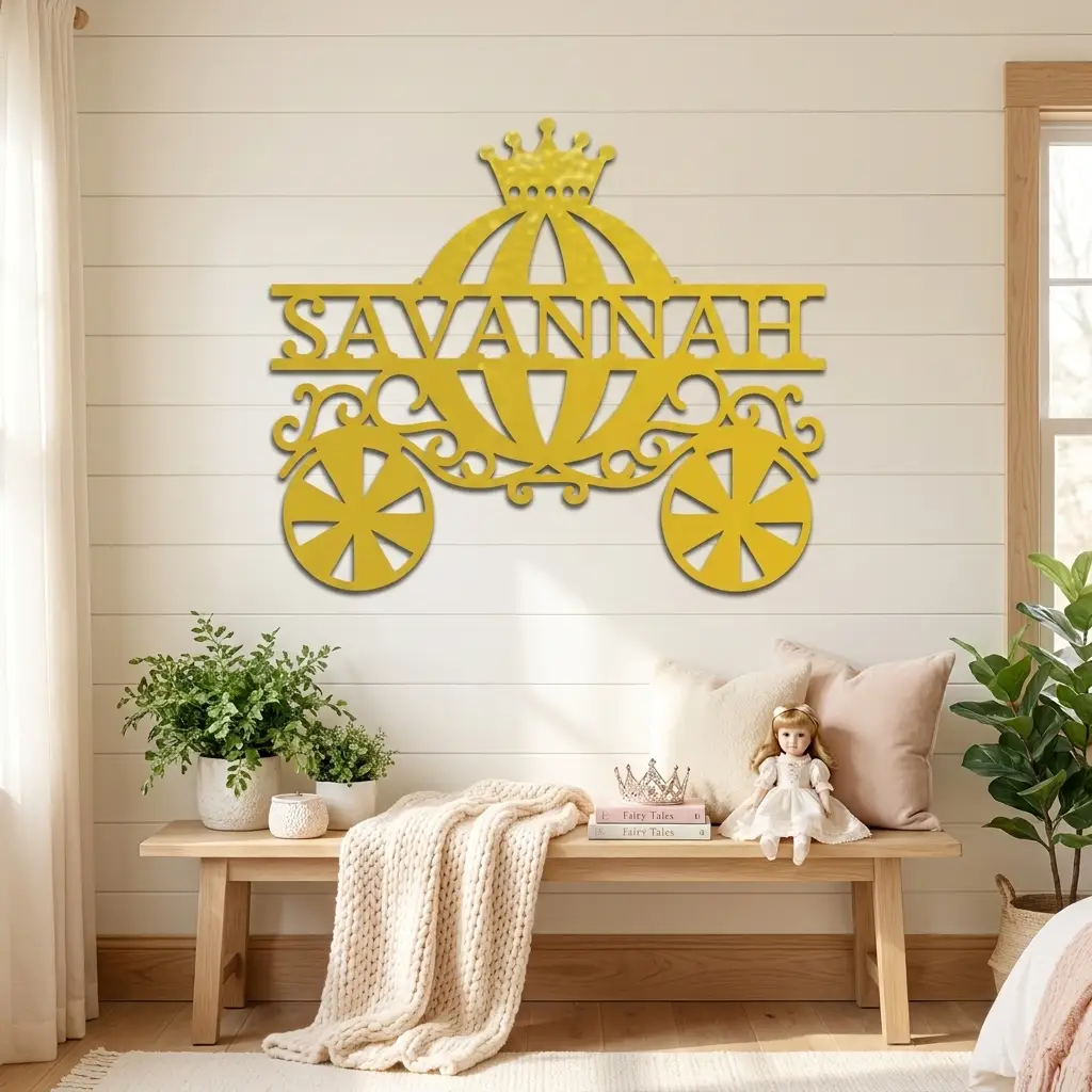 Personalized Fairytale Carriage Metal Wall Art | Custom Name Princess Carriage Sign | Girls Bedroom Decor | Whimsical Metal Wall Art | Made in USA