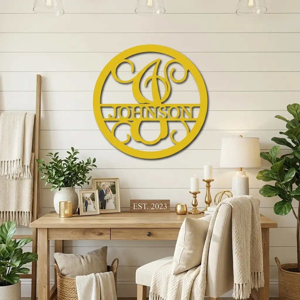 Circle Vine Monogram Personalized Name Indoor Outdoor Steel Wall Sign Metal Art