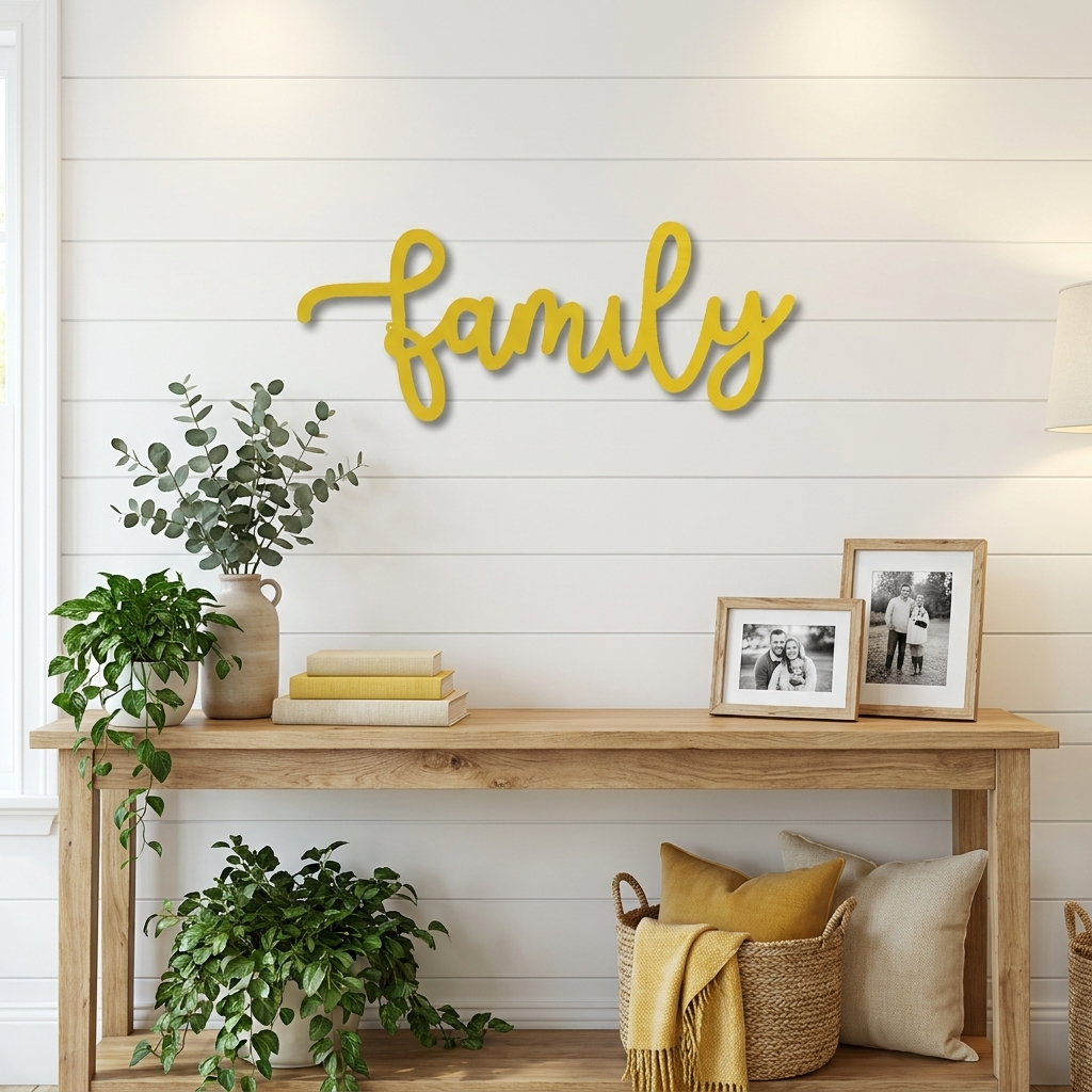 Family Script Metal Wall Art – Modern Farmhouse Decor – Minimalist Home Sign – Family Wall Decor