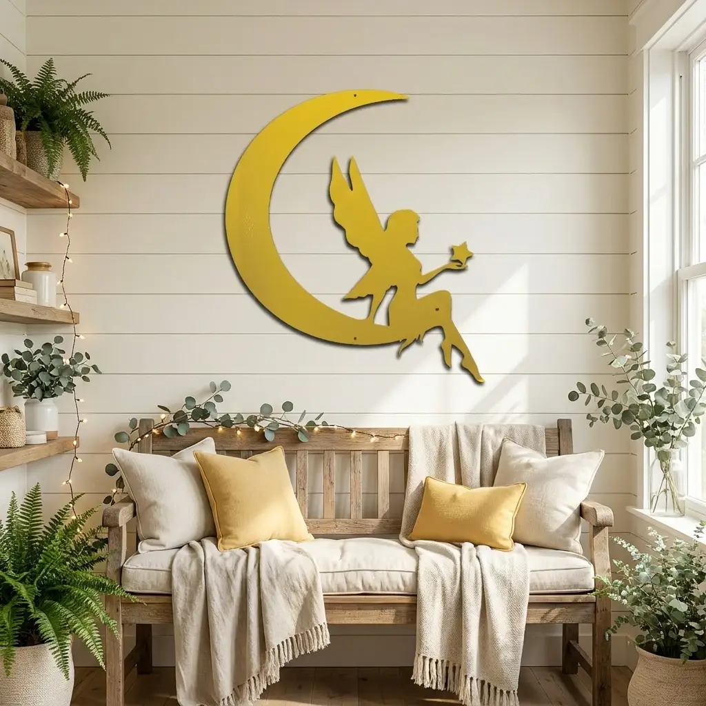 Fairy on Moon Metal Wall Art | Crescent Moon Fairy Wall Decor | Fantasy Metal Wall Hanging | Fairy Bedroom Decor | Made in USA