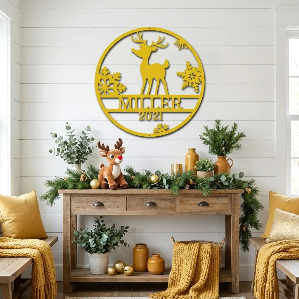 Rudolph Reindeer Christmas Personalized Metal Sign | Custom Family Name & Year Holiday Wall Art | Reindeer Snowflake Metal Decor | Christmas Gift for Family