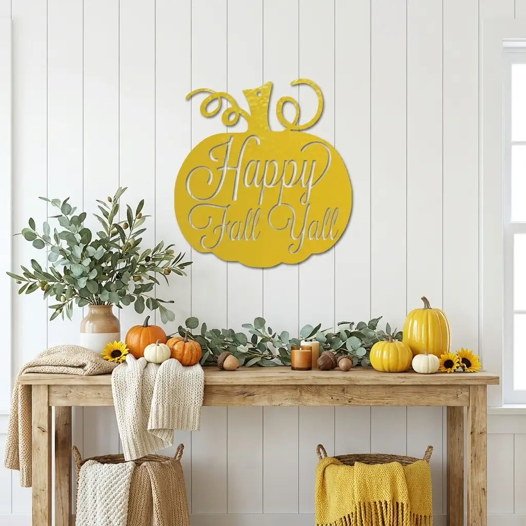 Happy Fall Y'all Pumpkin Metal Wall Art | Autumn Pumpkin Wall Decor | Rustic Farmhouse Fall Sign | Thanksgiving Porch & Entryway Decor | Seasonal Metal Wall Hanging | Made in USA
