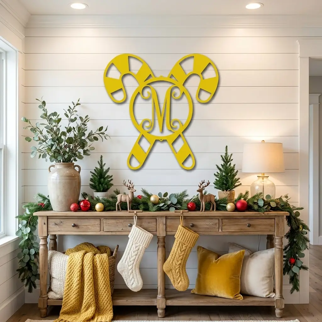 Personalized Candy Cane Monogram Metal Wall Art – Custom Initial Christmas Sign – Holiday Steel Décor (5 Sizes, 5 Colors)