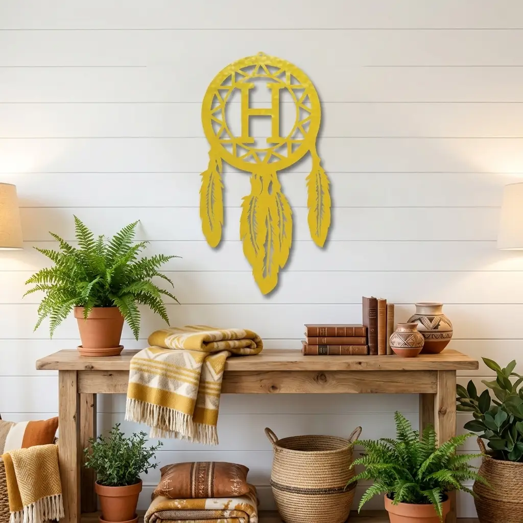 Personalized Dreamcatcher Metal Wall Art – Custom Initial Southwestern Feather Décor