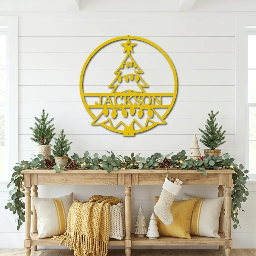 Personalized Christmas Tree Metal Wall Art – Custom Family Name Holiday Sign – Handmade Steel Décor (5 Sizes, 5 Colors)