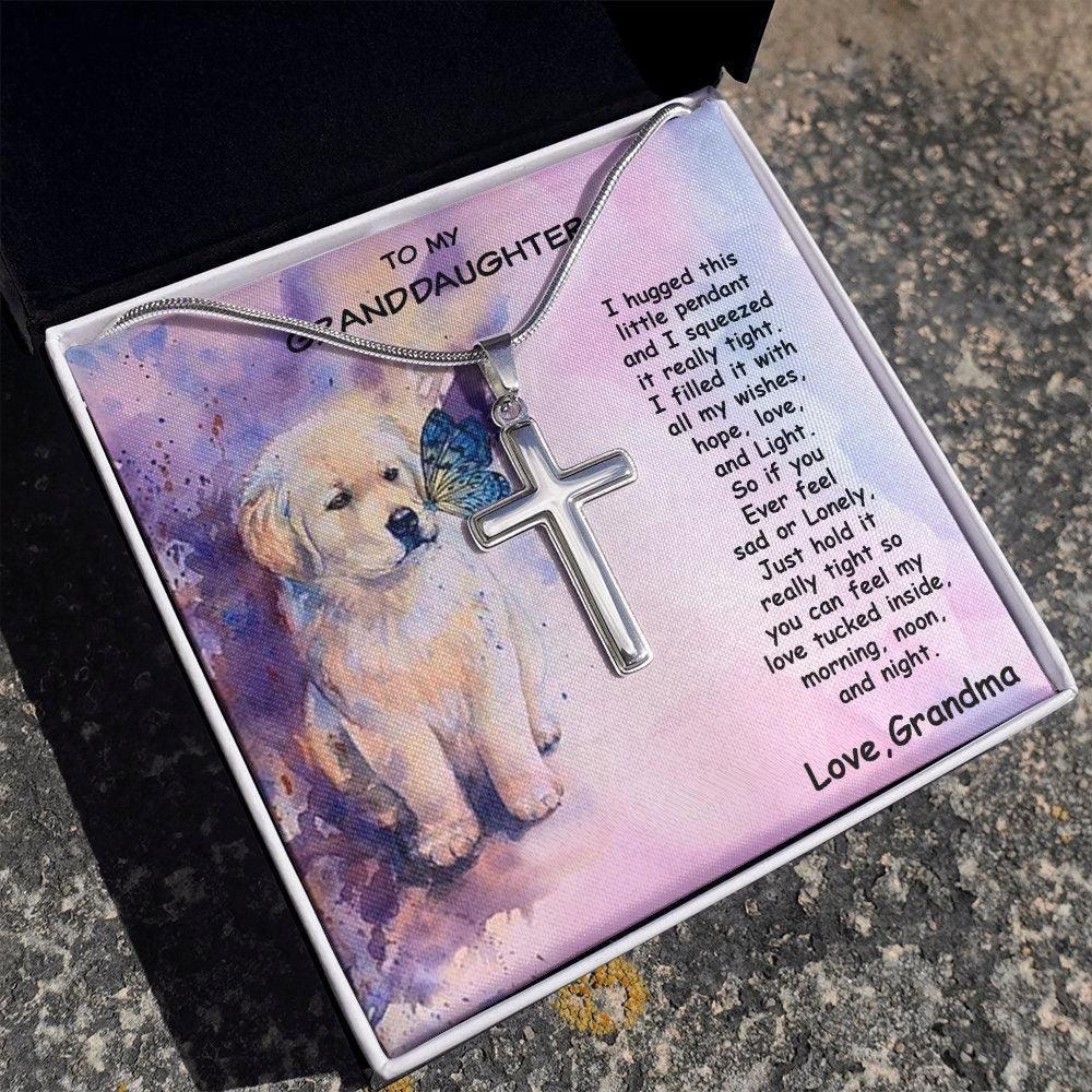 Granddaughter Custom Engraved Cross Pendant Necklace Puppy Message Card