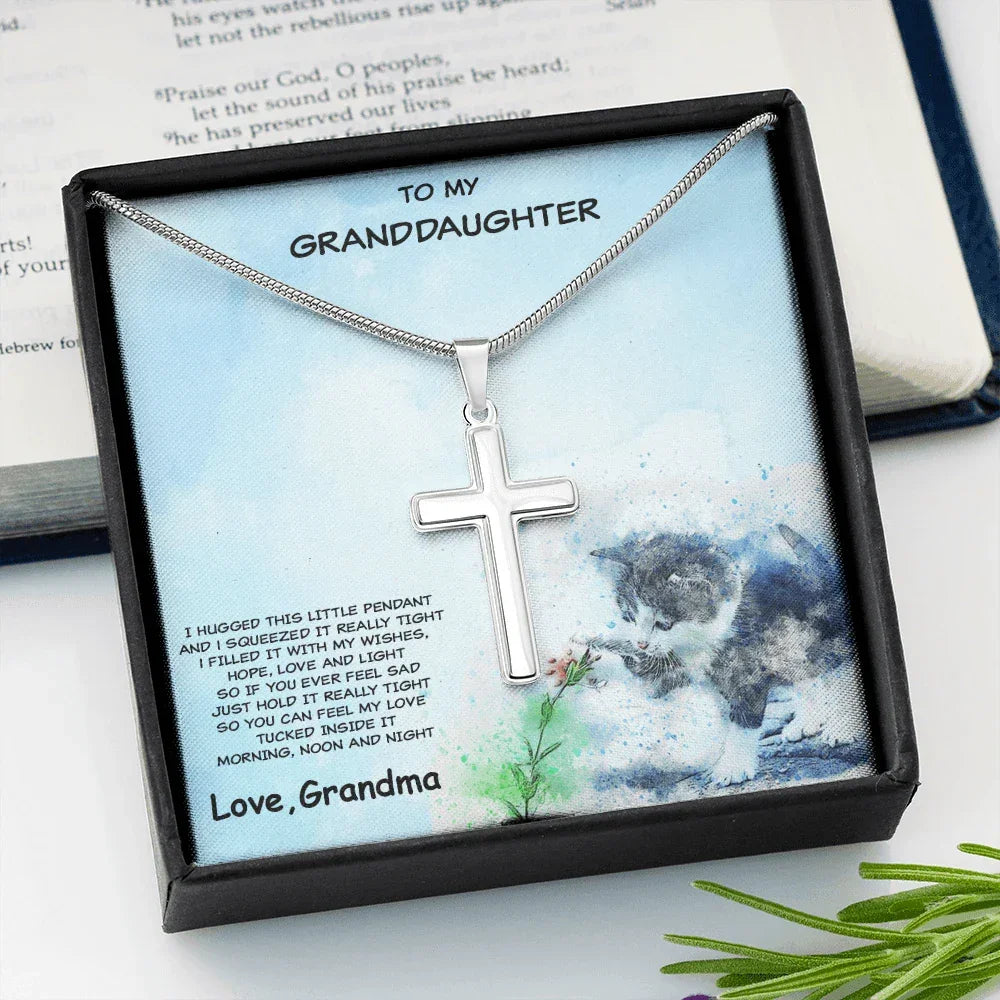 Granddaughter Cross Pendant Necklace with Playful Kitten Message Card
