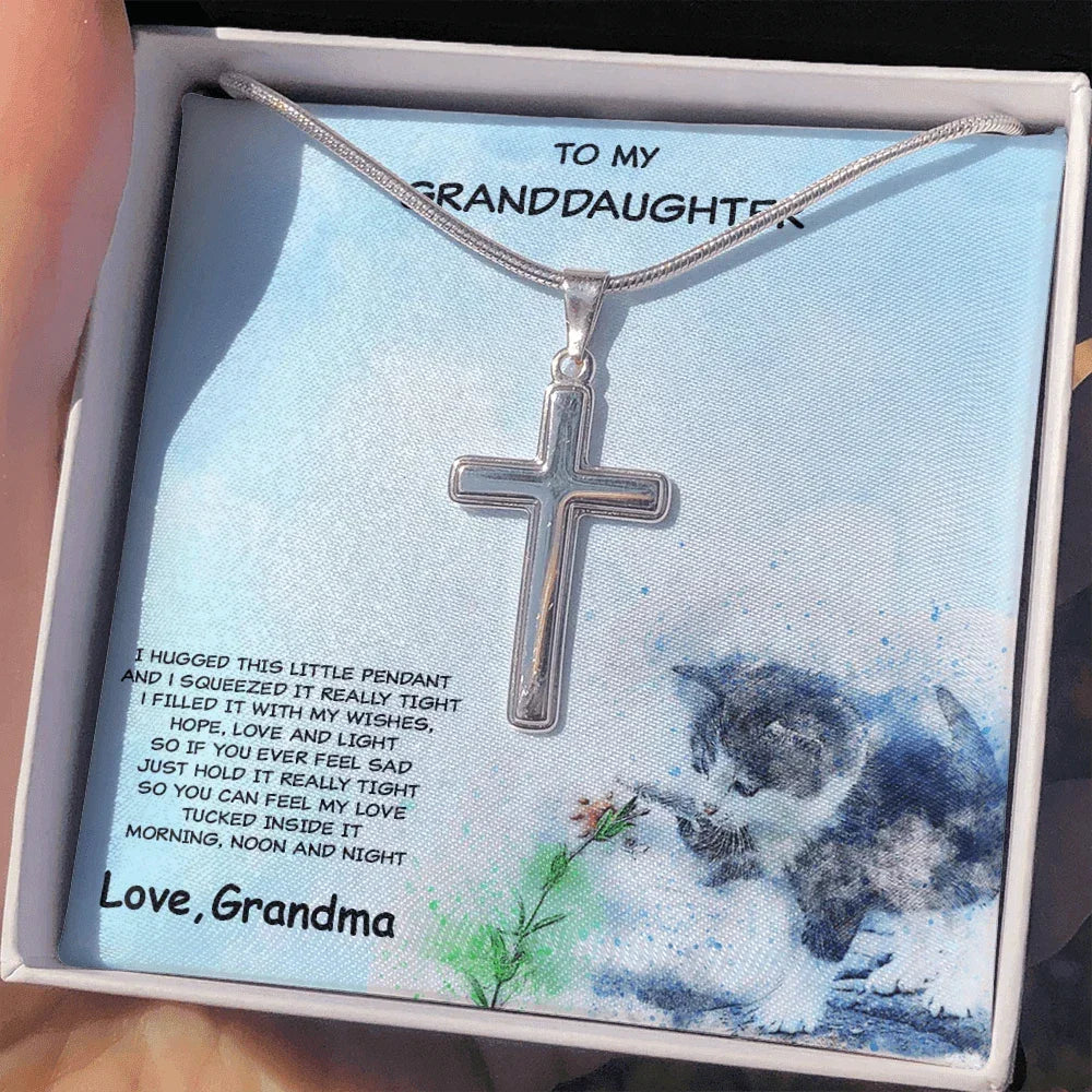 Granddaughter Cross Pendant Necklace with Playful Kitten Message Card