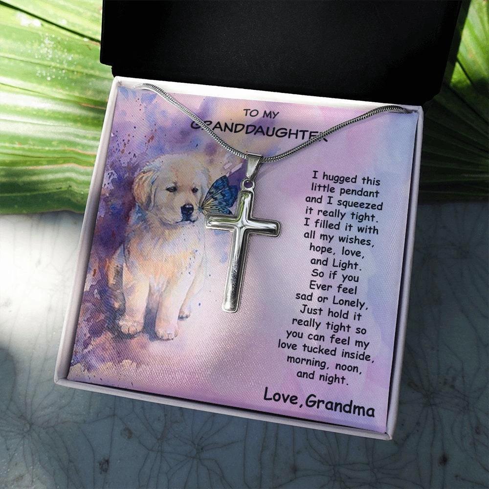 Granddaughter Custom Engraved Cross Pendant Necklace Puppy Message Card