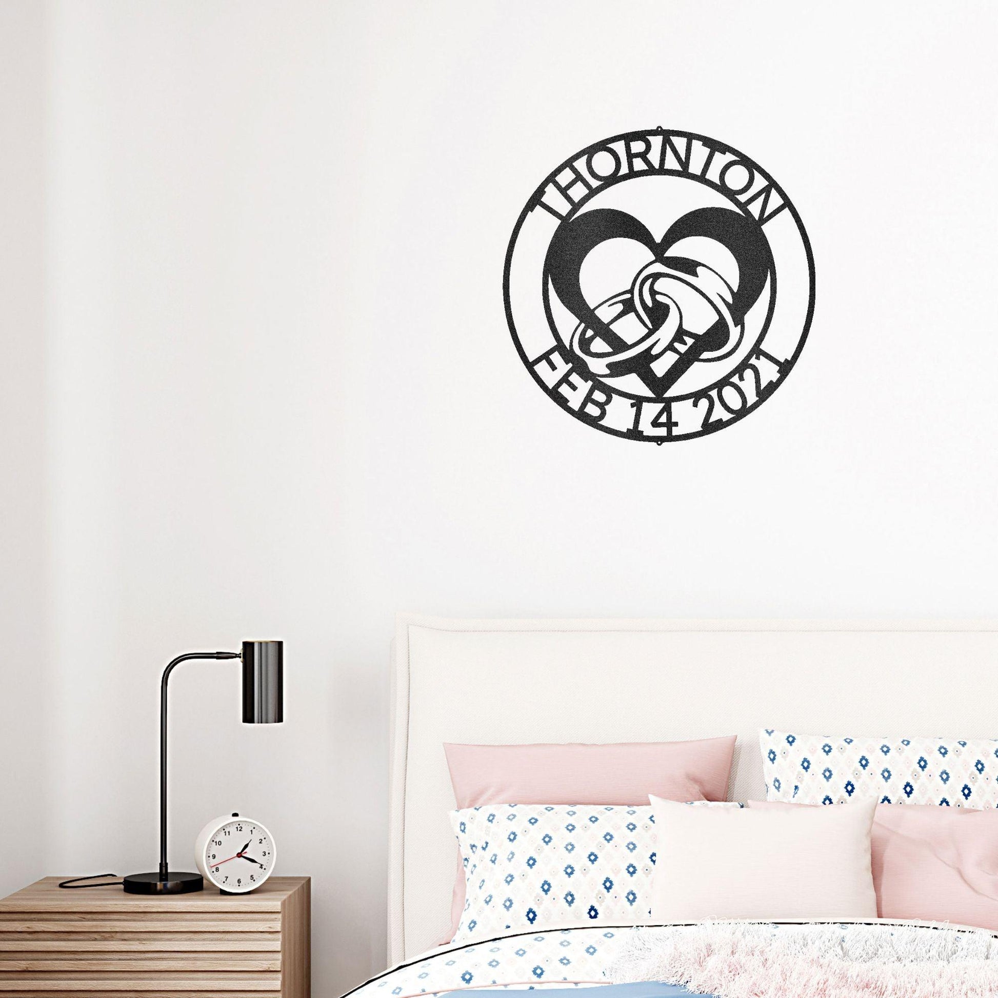 Engagement Wedding Rings and Heart Custom Name Metal Art Wall Sign - Mallard Moon Gift Shop