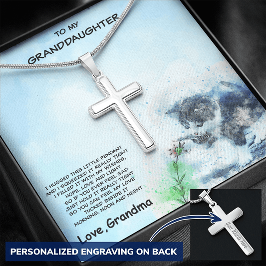 Granddaughter Cross Pendant Necklace with Playful Kitten Message Card - Mallard Moon Gift Shop