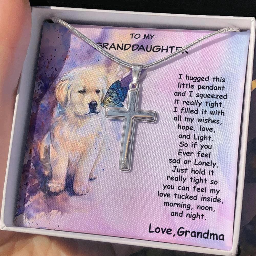 Granddaughter Custom Engraved Cross Pendant Necklace Puppy Message Card