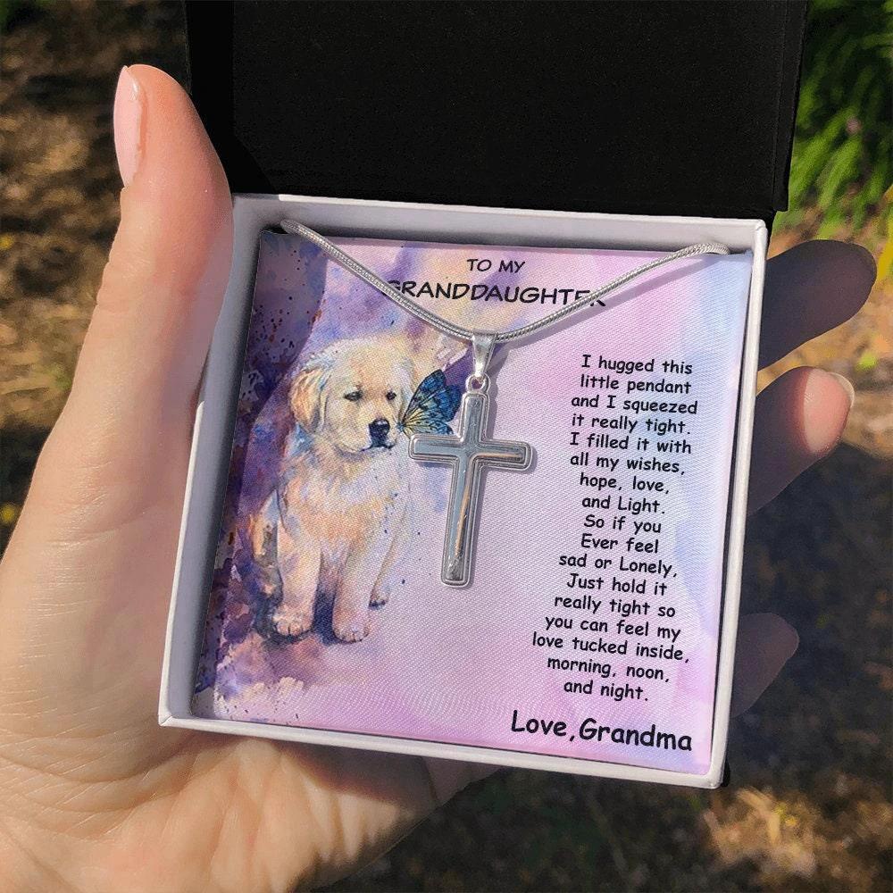 Granddaughter Custom Engraved Cross Pendant Necklace Puppy Message Card