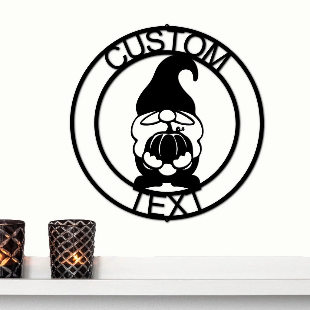 Thanksgiving Gnome with Pumpkin Custom Name Metal Art Wall Sign Home Decor