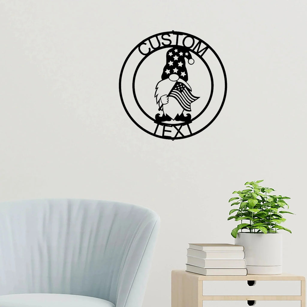 Patriotic Gnome Custom Name Metal Art Wall Sign