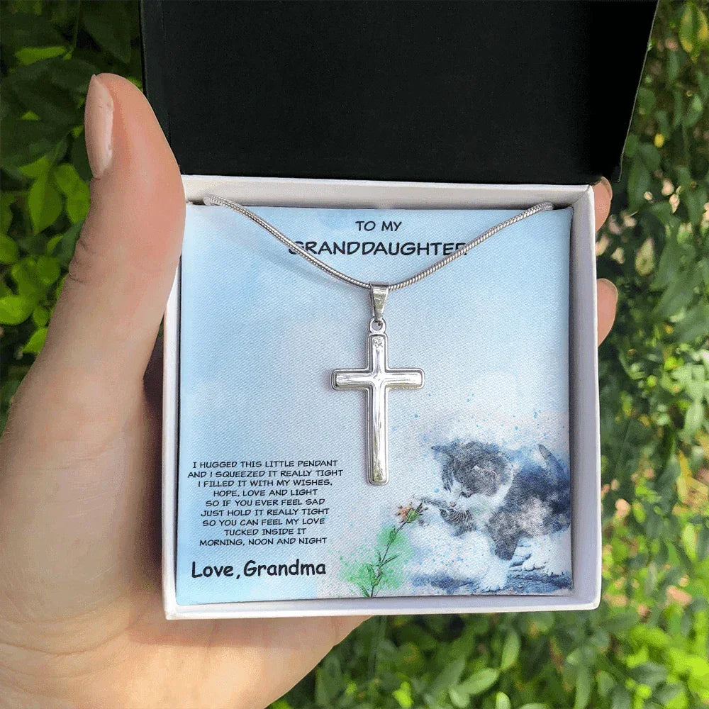 Granddaughter Cross Pendant Necklace with Playful Kitten Message Card