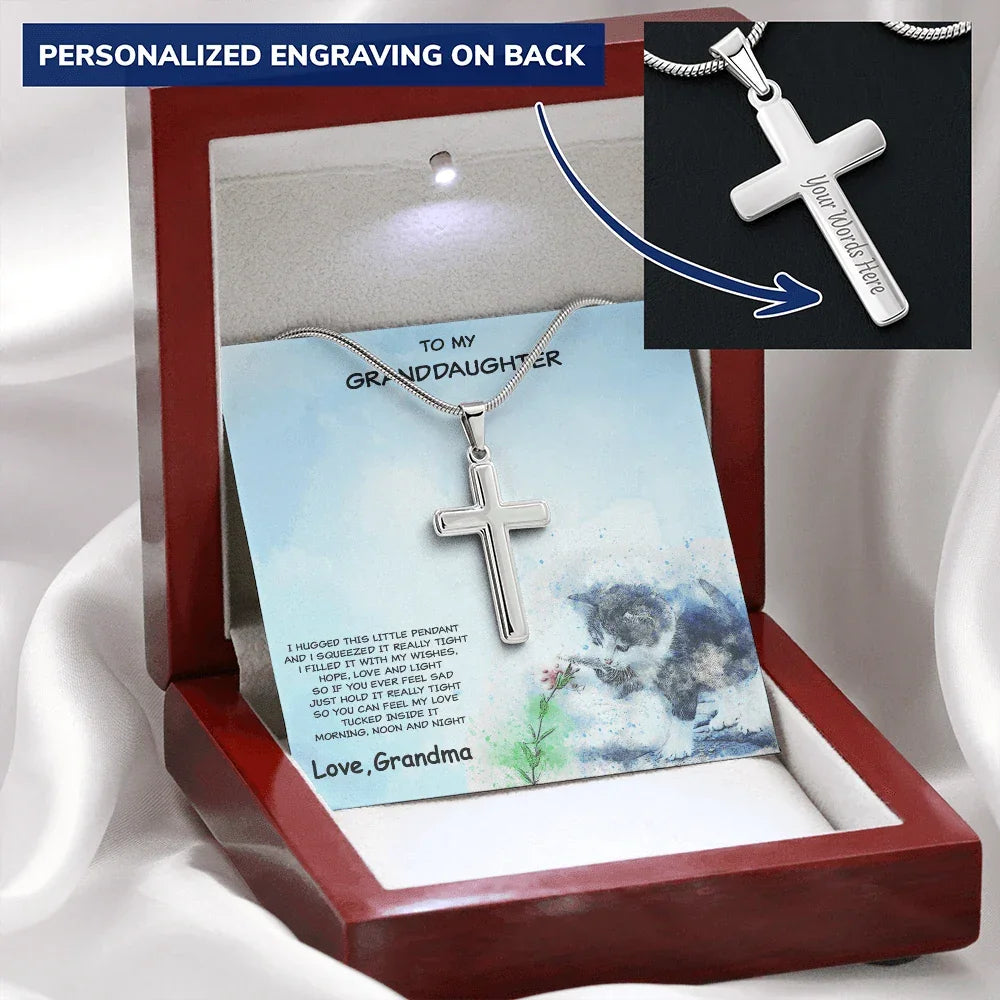 Granddaughter Cross Pendant Necklace with Playful Kitten Message Card