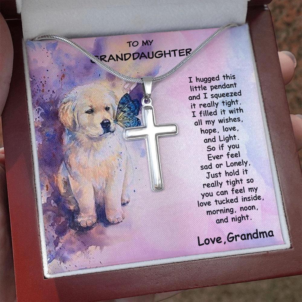 Granddaughter Custom Engraved Cross Pendant Necklace Puppy Message Card