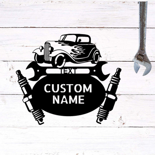 Hot Rod Mechanic Monogram Personalized Indoor Outdoor Steel Wall Sign Metal Art - Mallard Moon Gift Shop