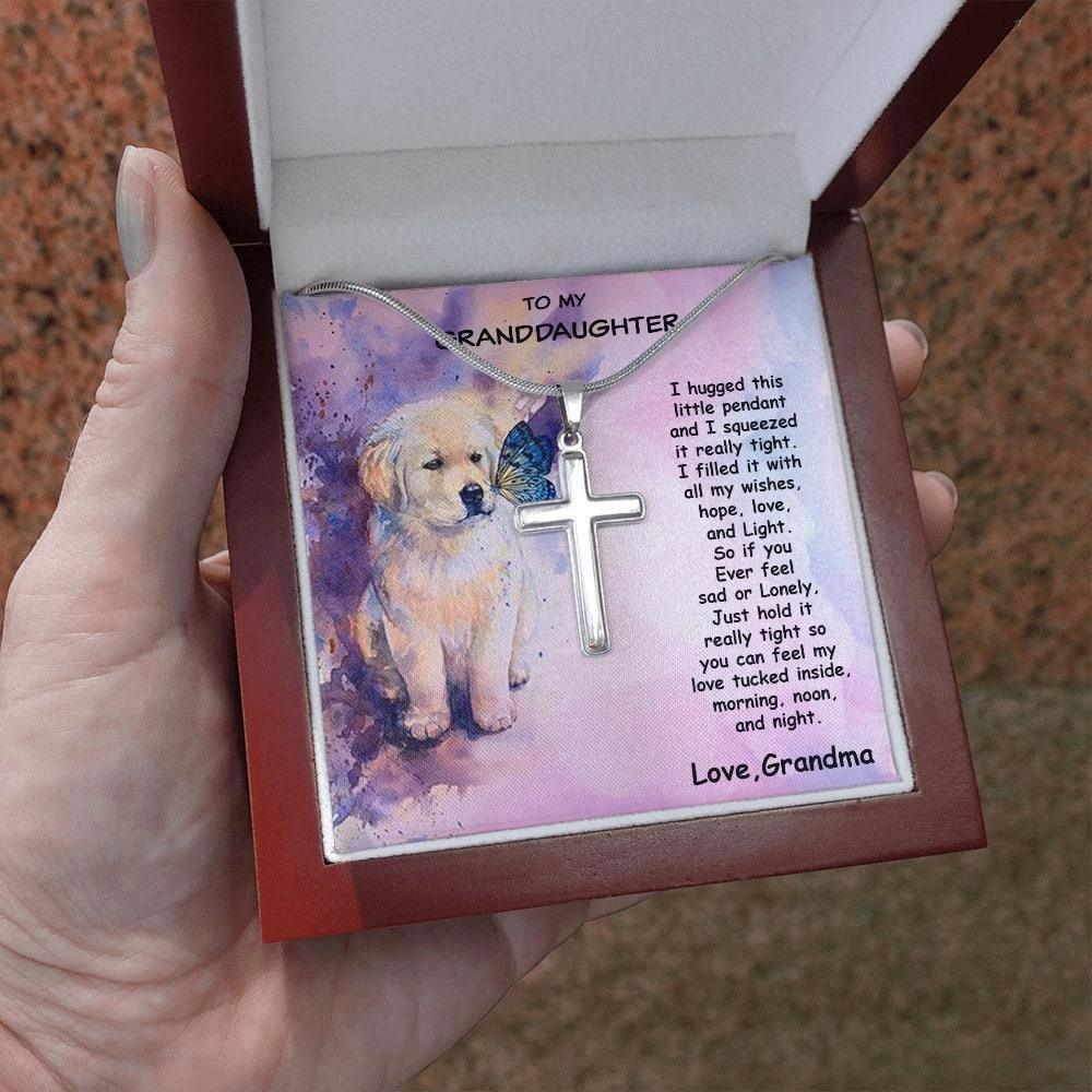 Granddaughter Custom Engraved Cross Pendant Necklace Puppy Message Card