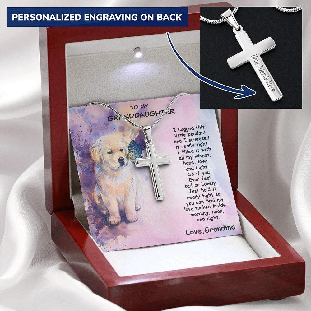 Granddaughter Custom Engraved Cross Pendant Necklace Puppy Message Card