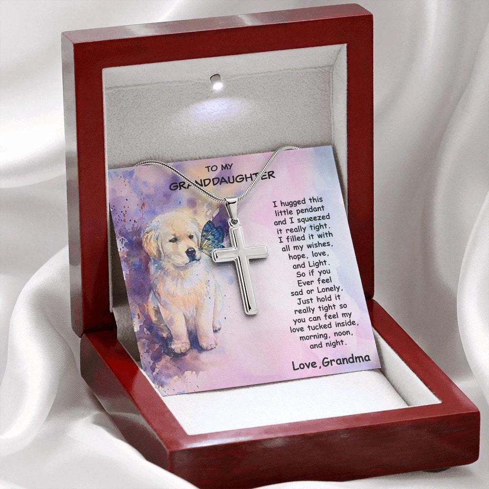 Granddaughter Custom Engraved Cross Pendant Necklace Puppy Message Card