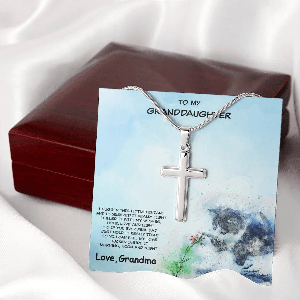 Granddaughter Cross Pendant Necklace with Playful Kitten Message Card