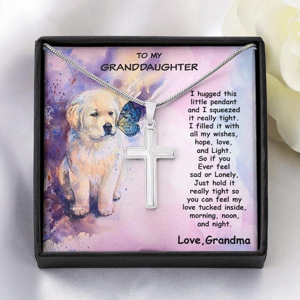 Granddaughter Custom Engraved Cross Pendant Necklace Puppy Message Card