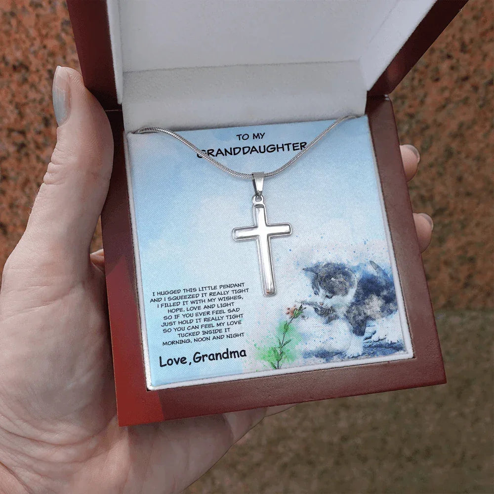 Granddaughter Cross Pendant Necklace with Playful Kitten Message Card