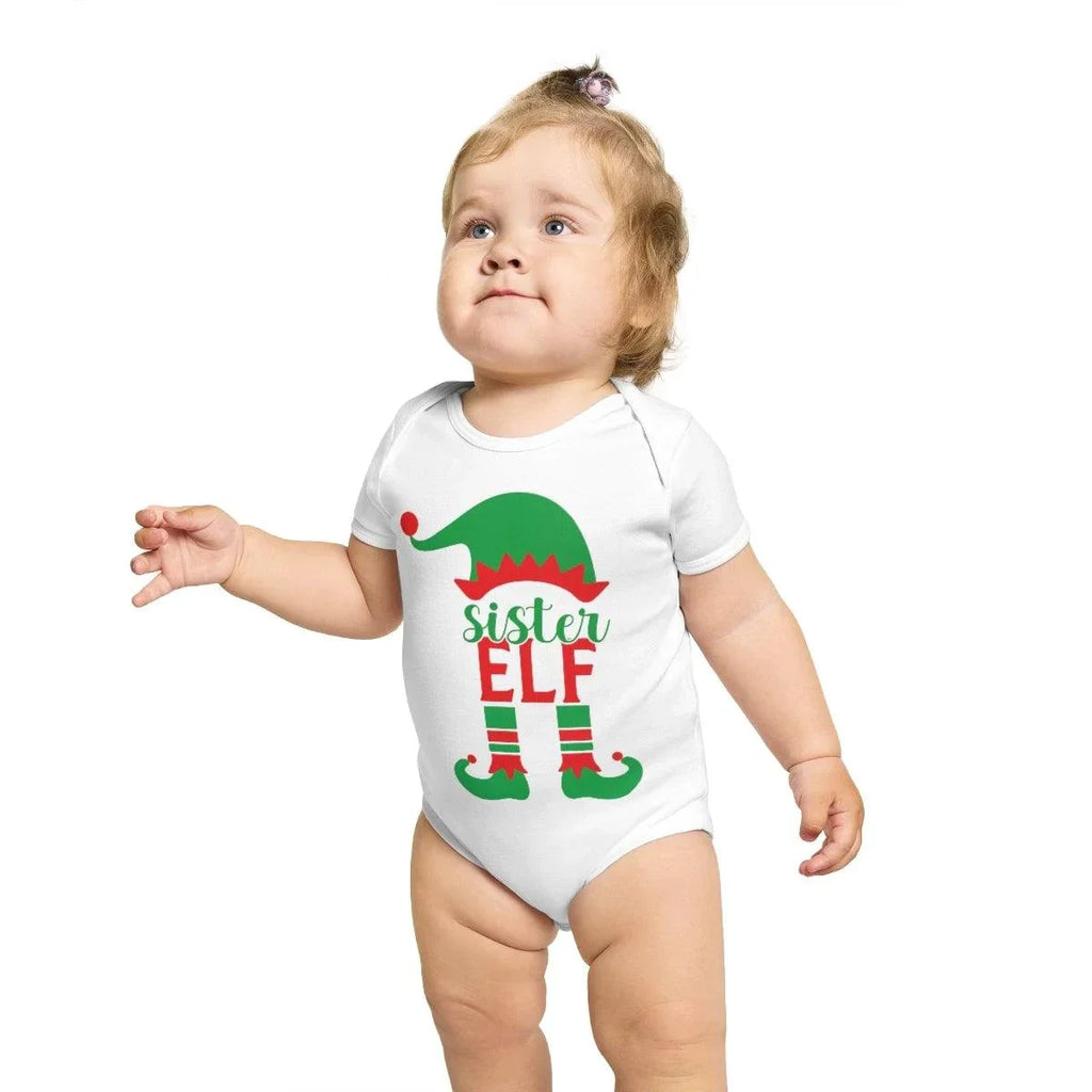Sister Elf Christmas Short Sleeve Baby Bodysuit
