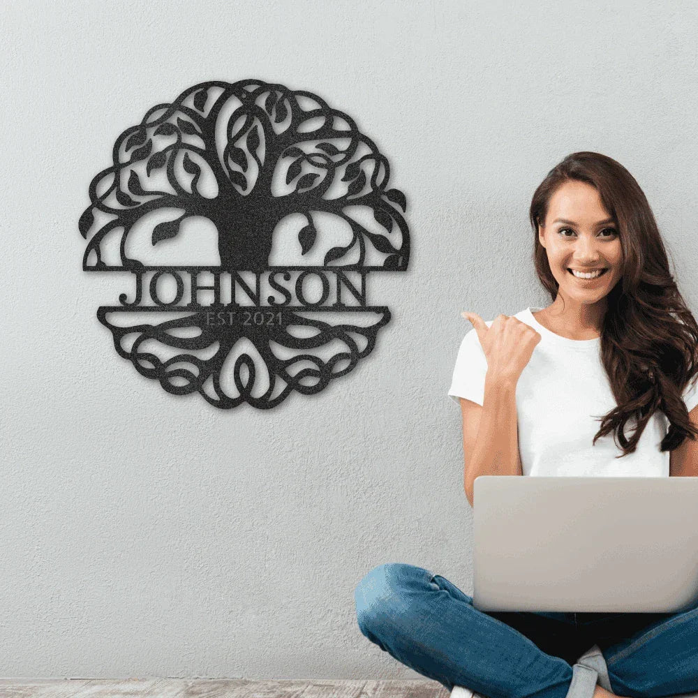 Fancy Tree of Life Monogram Personalized Metal Art Wall Sign