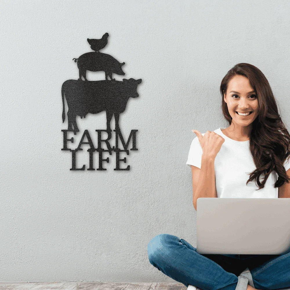 Farm Life Animals Cow Pig Chicken Indoor Outdoor Steel Wall Sign Metal Art