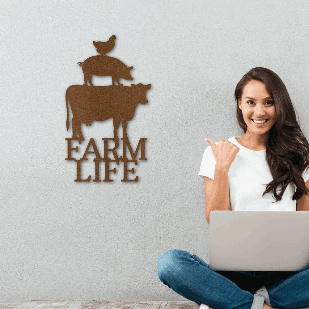 Farm Life Animals Cow Pig Chicken Indoor Outdoor Steel Wall Sign Metal Art