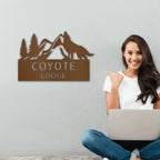 Coyote and Mountains Custom Name Metal Wall Sign