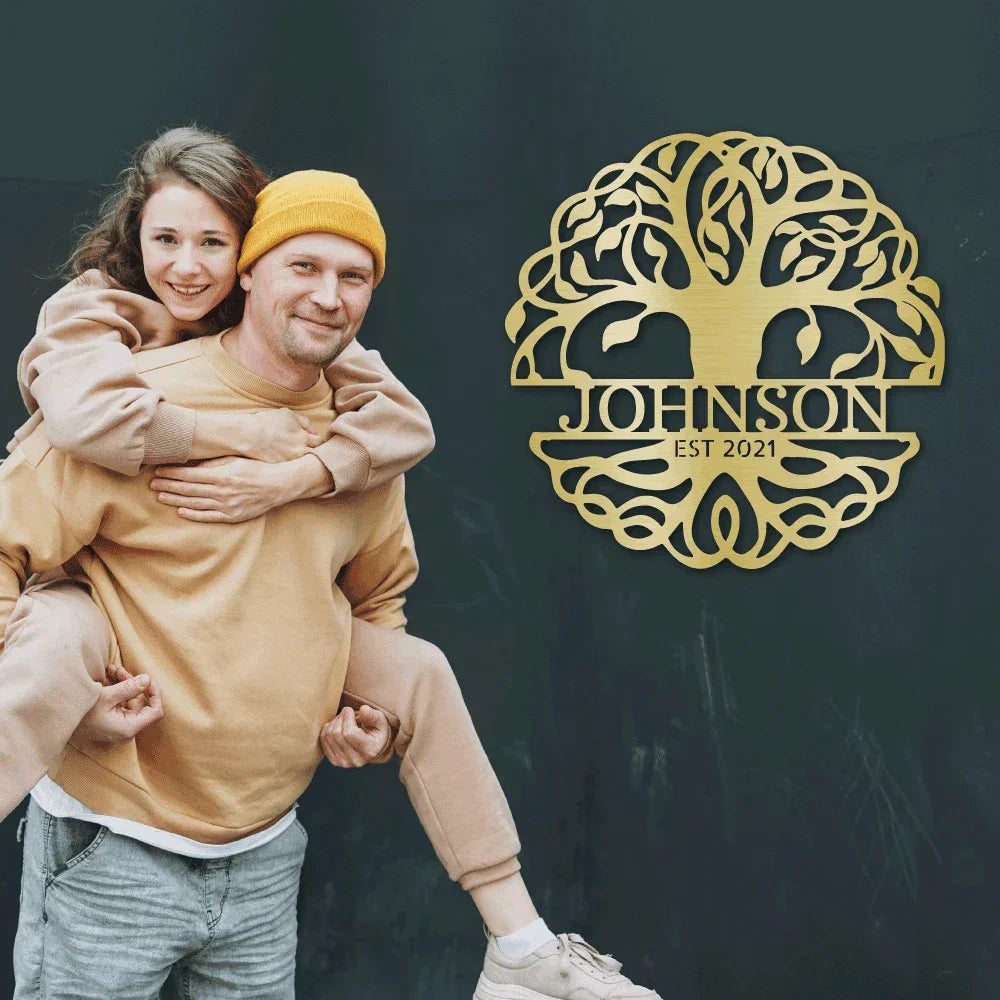 Fancy Tree of Life Monogram Personalized Metal Art Wall Sign