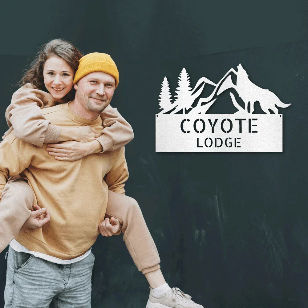 Coyote and Mountains Custom Name Metal Wall Sign
