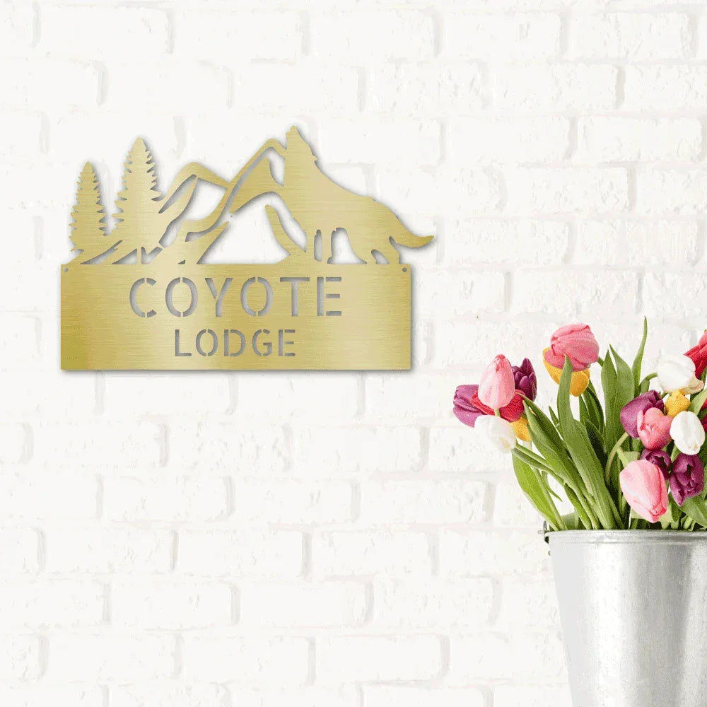 Coyote and Mountains Custom Name Metal Wall Sign