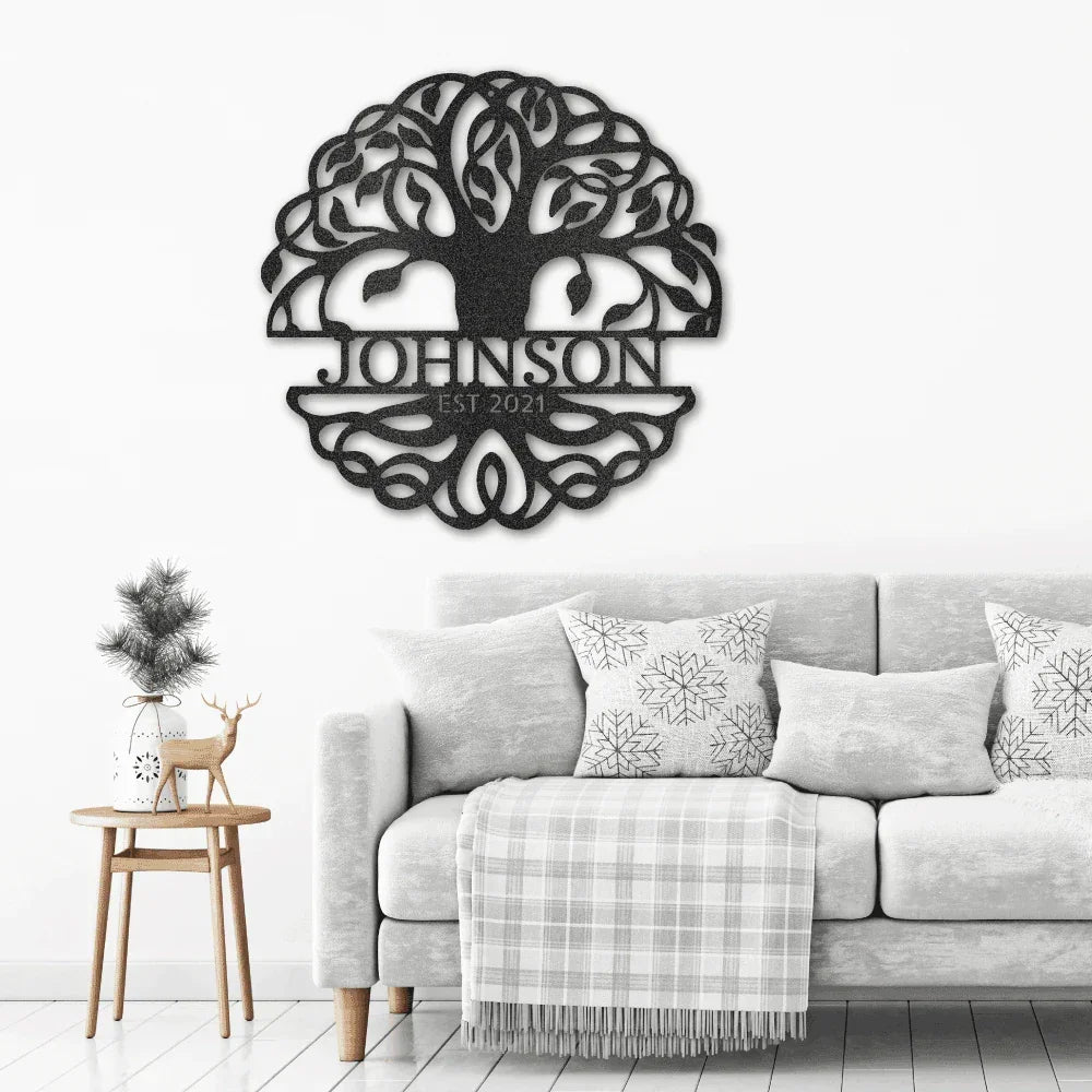 Fancy Tree of Life Monogram Personalized Metal Art Wall Sign