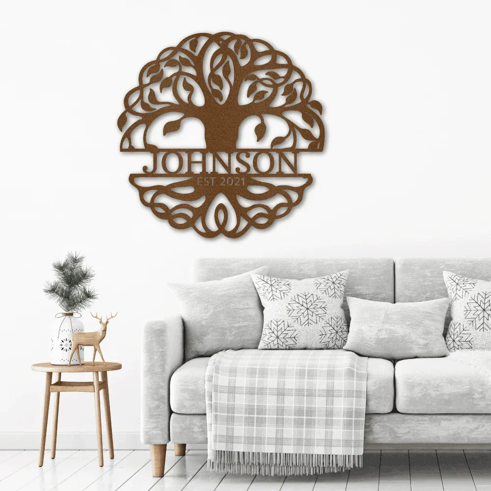 Fancy Tree of Life Monogram Personalized Metal Art Wall Sign