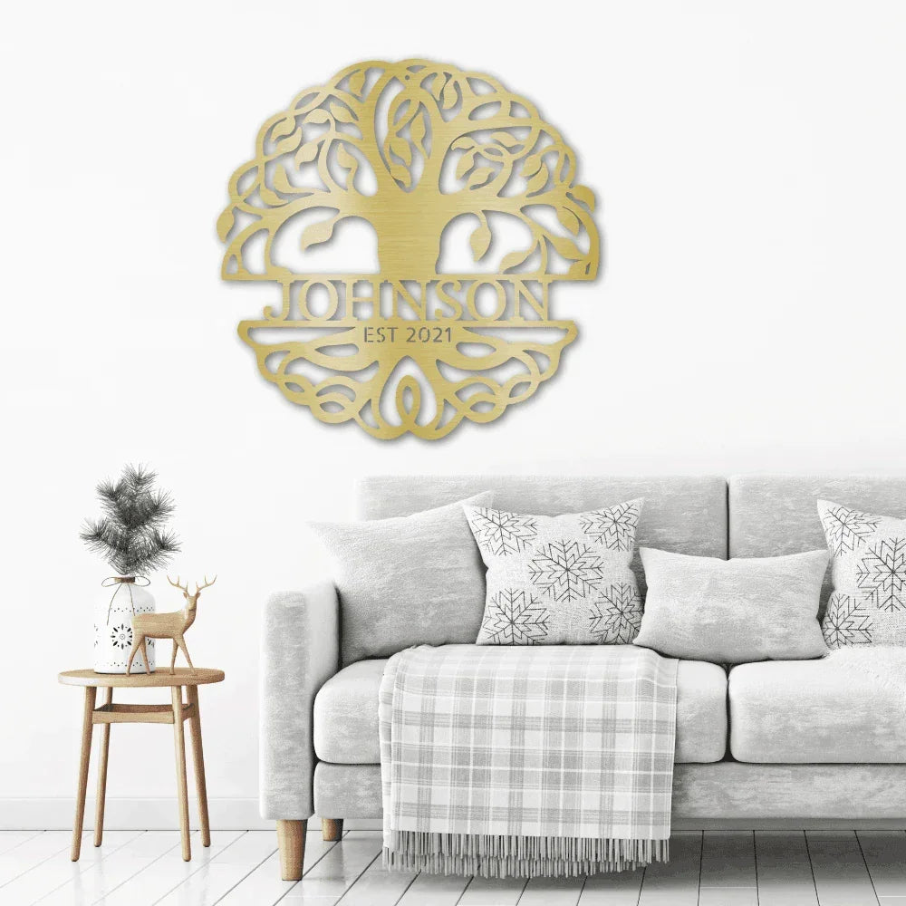 Fancy Tree of Life Monogram Personalized Metal Art Wall Sign