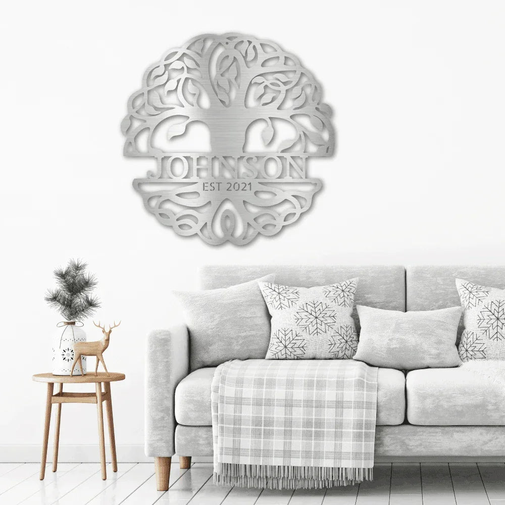 Fancy Tree of Life Monogram Personalized Metal Art Wall Sign