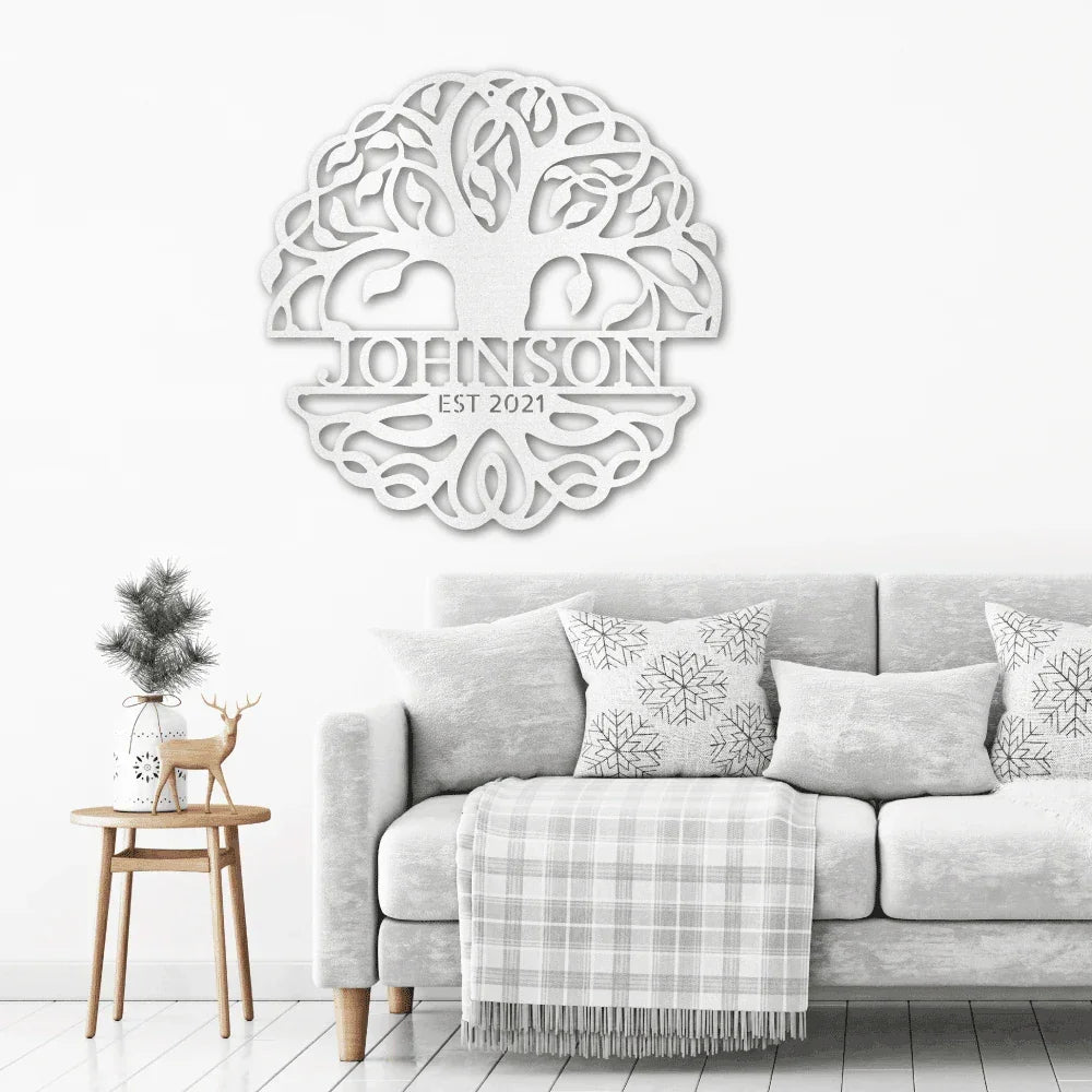 Fancy Tree of Life Monogram Personalized Metal Art Wall Sign