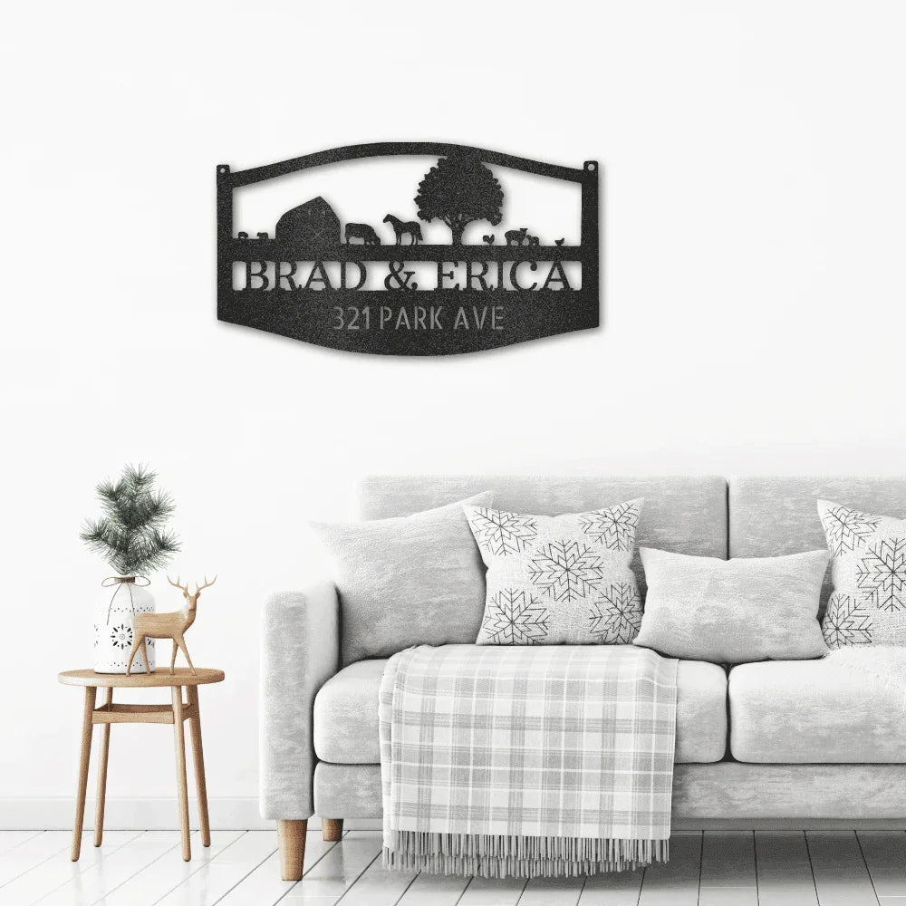 Farm Scene Custom Name Indoor Outdoor Monogram Steel Wall Sign