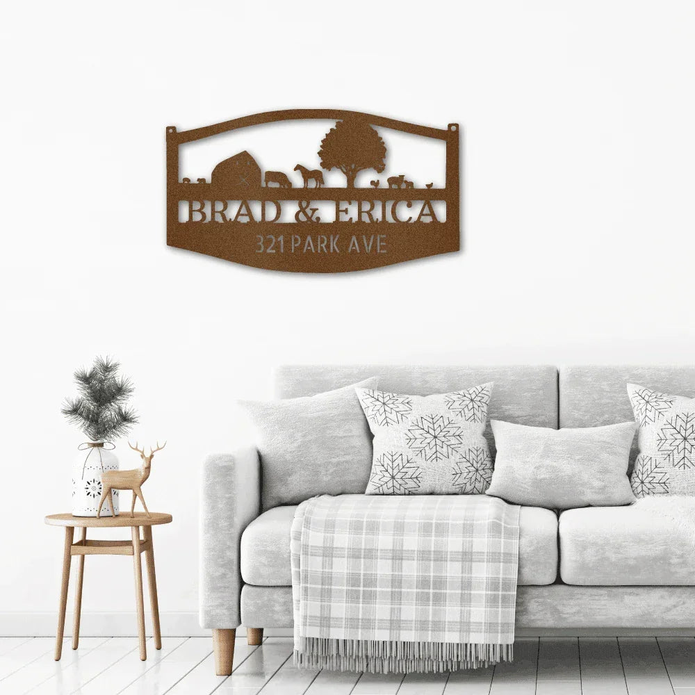 Farm Scene Custom Name Indoor Outdoor Monogram Steel Wall Sign