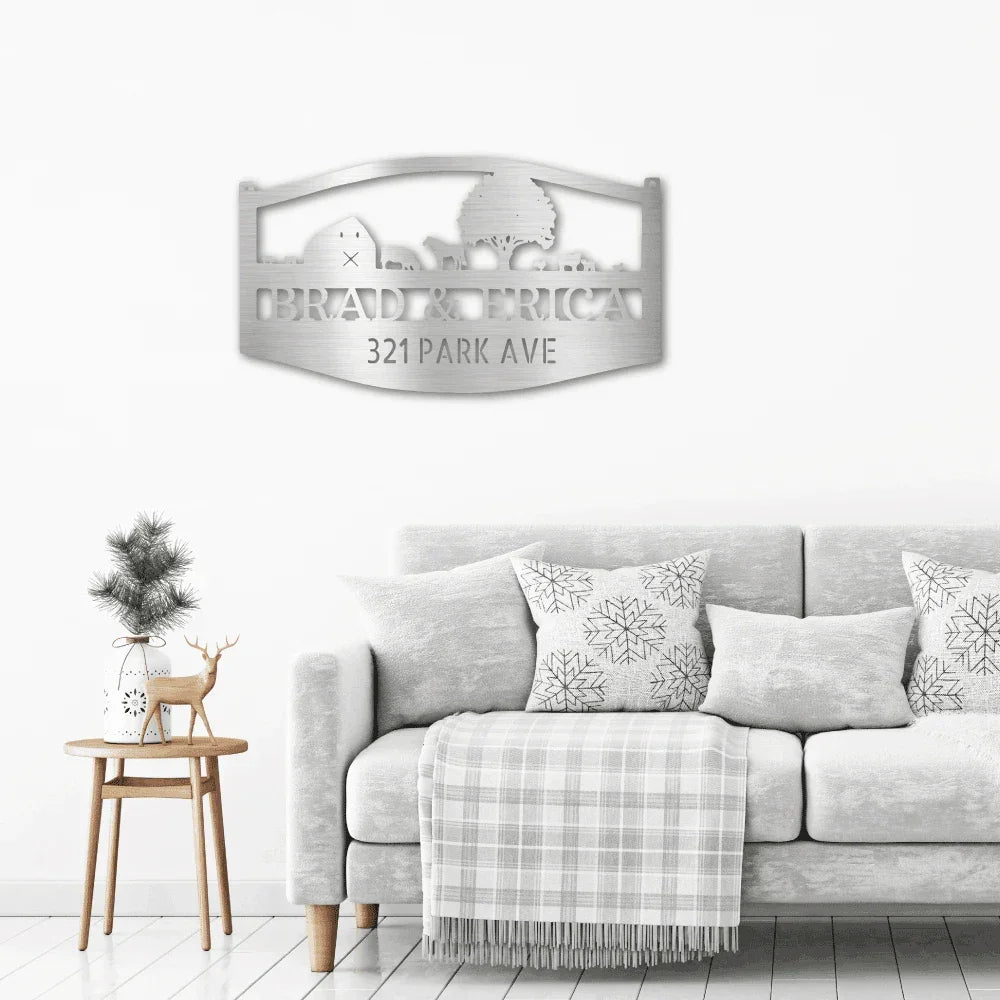 Farm Scene Custom Name Indoor Outdoor Monogram Steel Wall Sign