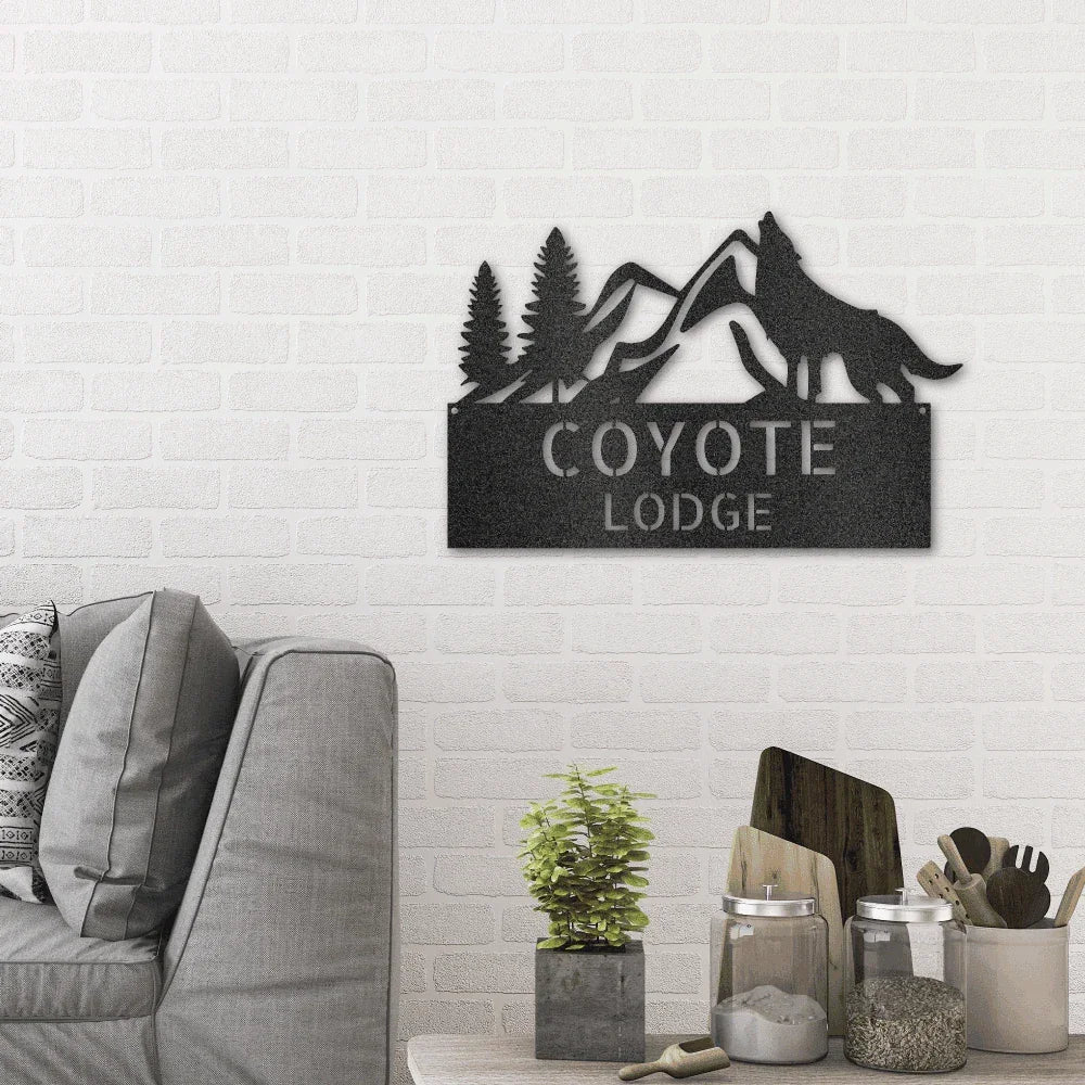 Coyote and Mountains Custom Name Metal Wall Sign