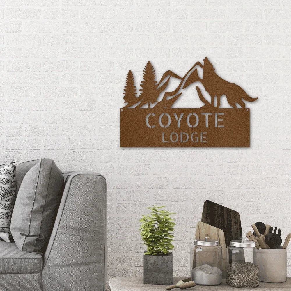 Coyote and Mountains Custom Name Metal Wall Sign
