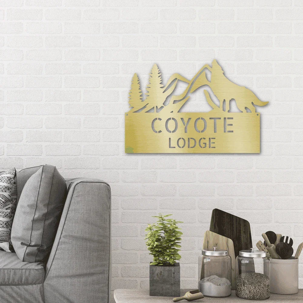 Coyote and Mountains Custom Name Metal Wall Sign
