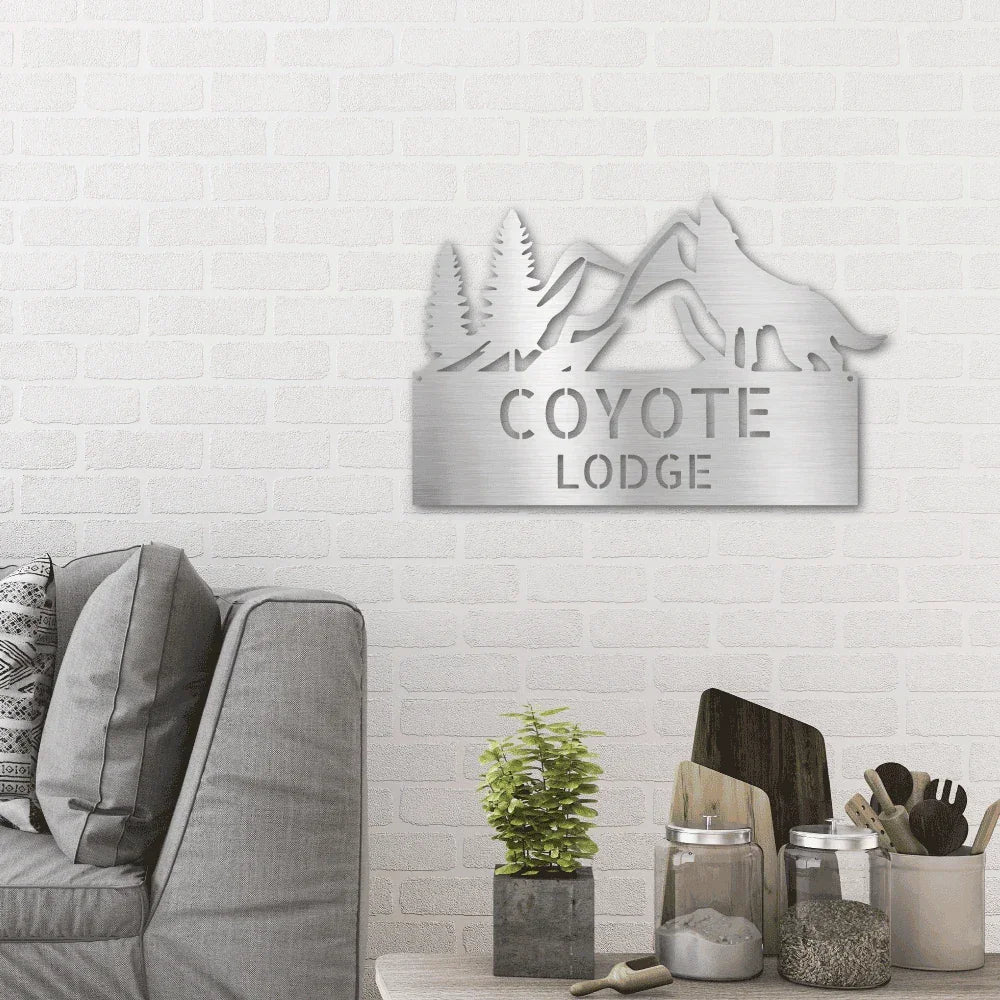 Coyote and Mountains Custom Name Metal Wall Sign